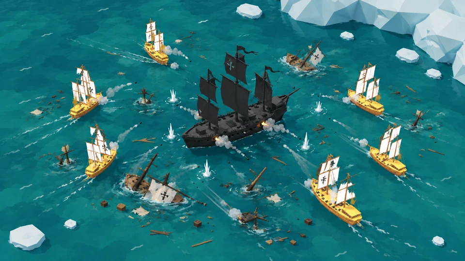 Sailing ships fire at a black galleon among polar ice — Bez Kresu promotional visual